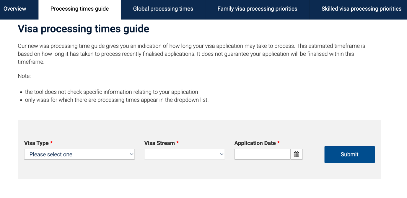 DHA Visa Processing time tool