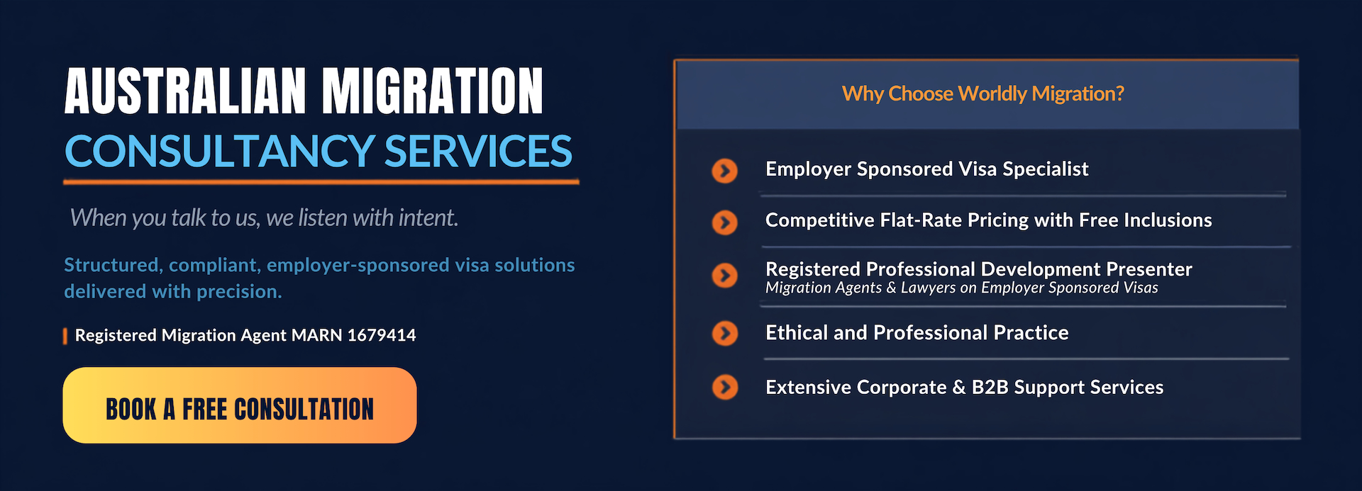 Australian Migration Consultancy Services banner by Worldly Migration featuring employer-sponsored visa solutions and registered migration agent MARN 1679414